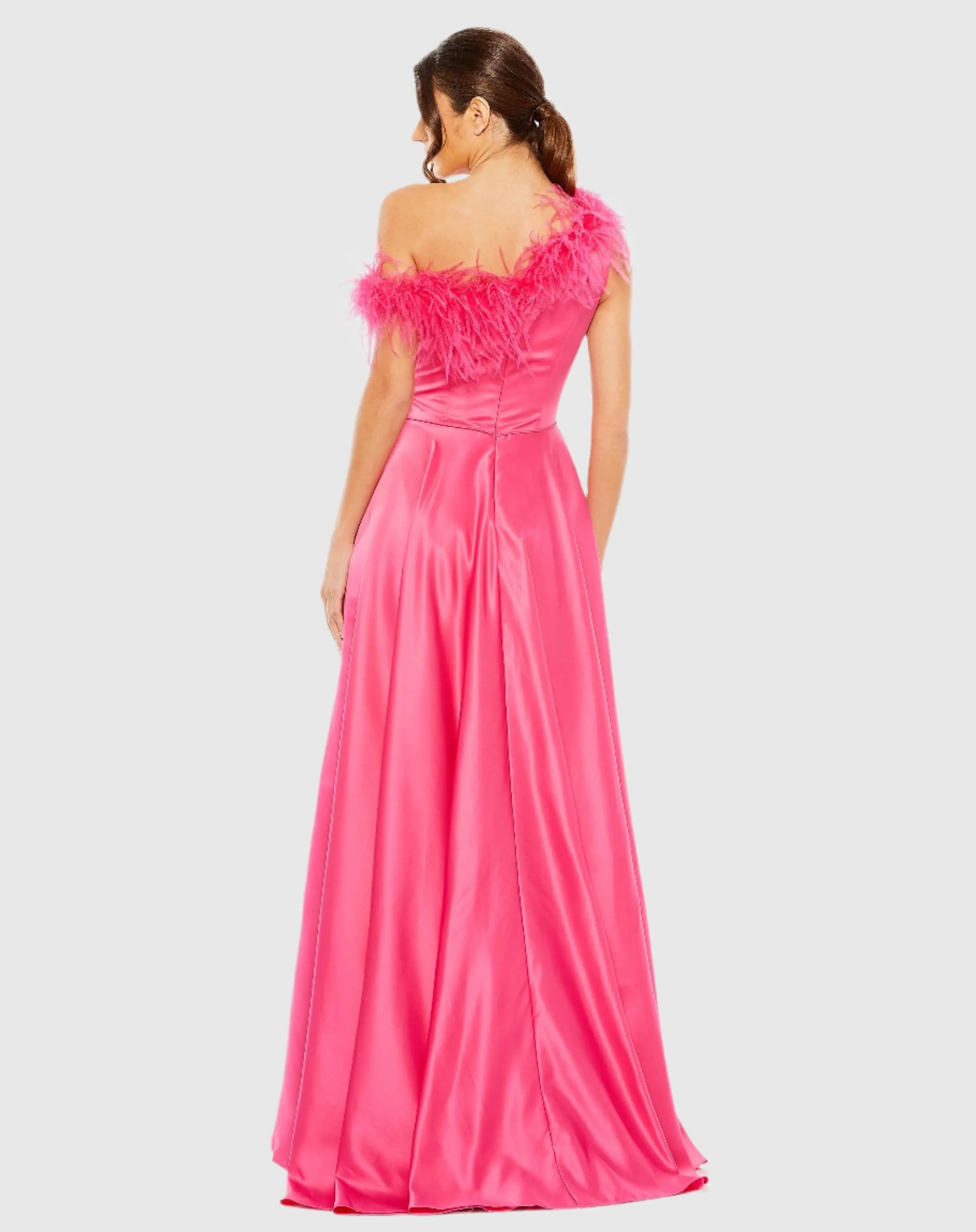 Pink One Shoulder A Line Gown With Feather Detail