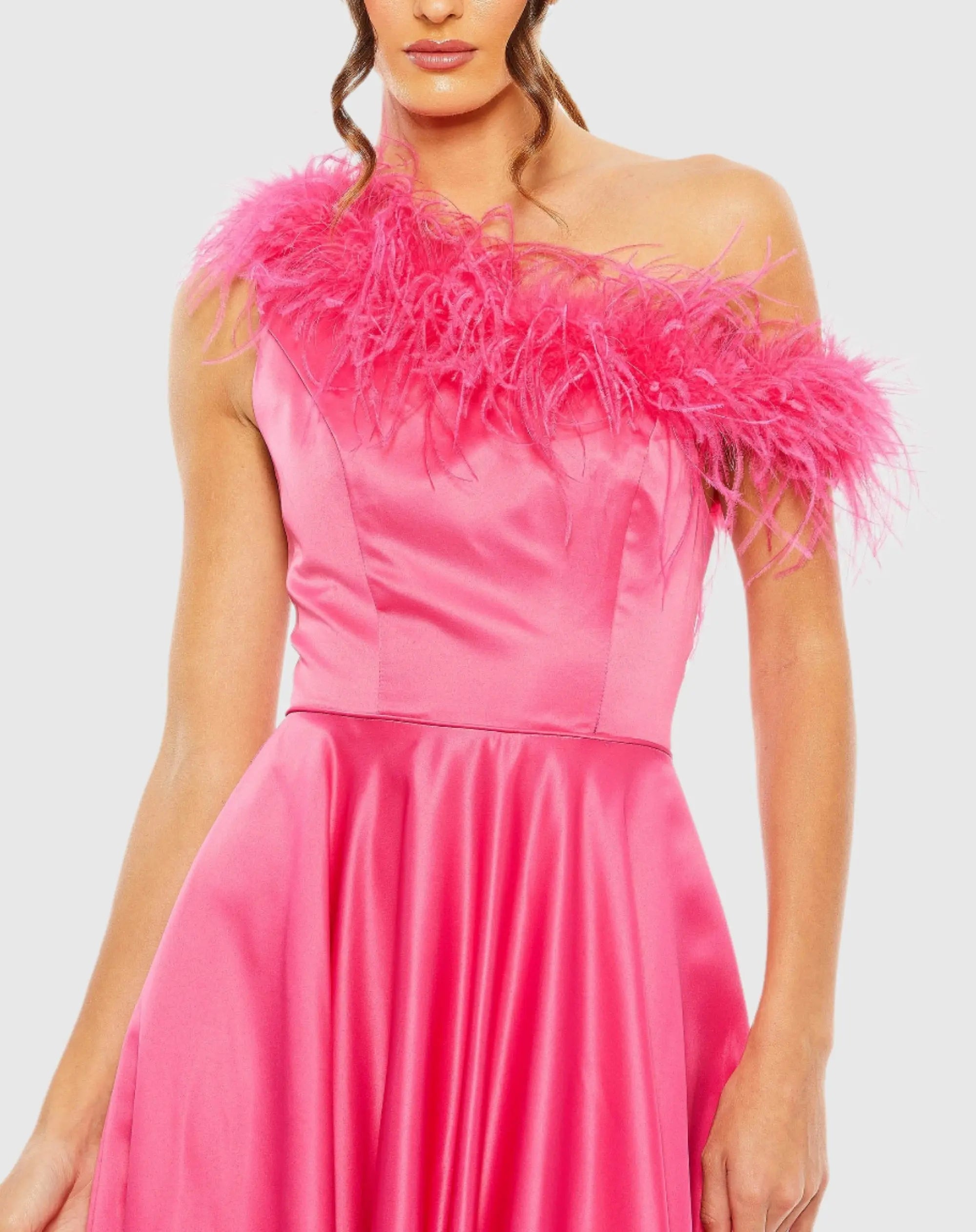 Pink One Shoulder A Line Gown With Feather Detail