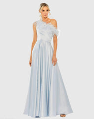 Blue One Shoulder A Line Gown With Feather Detail