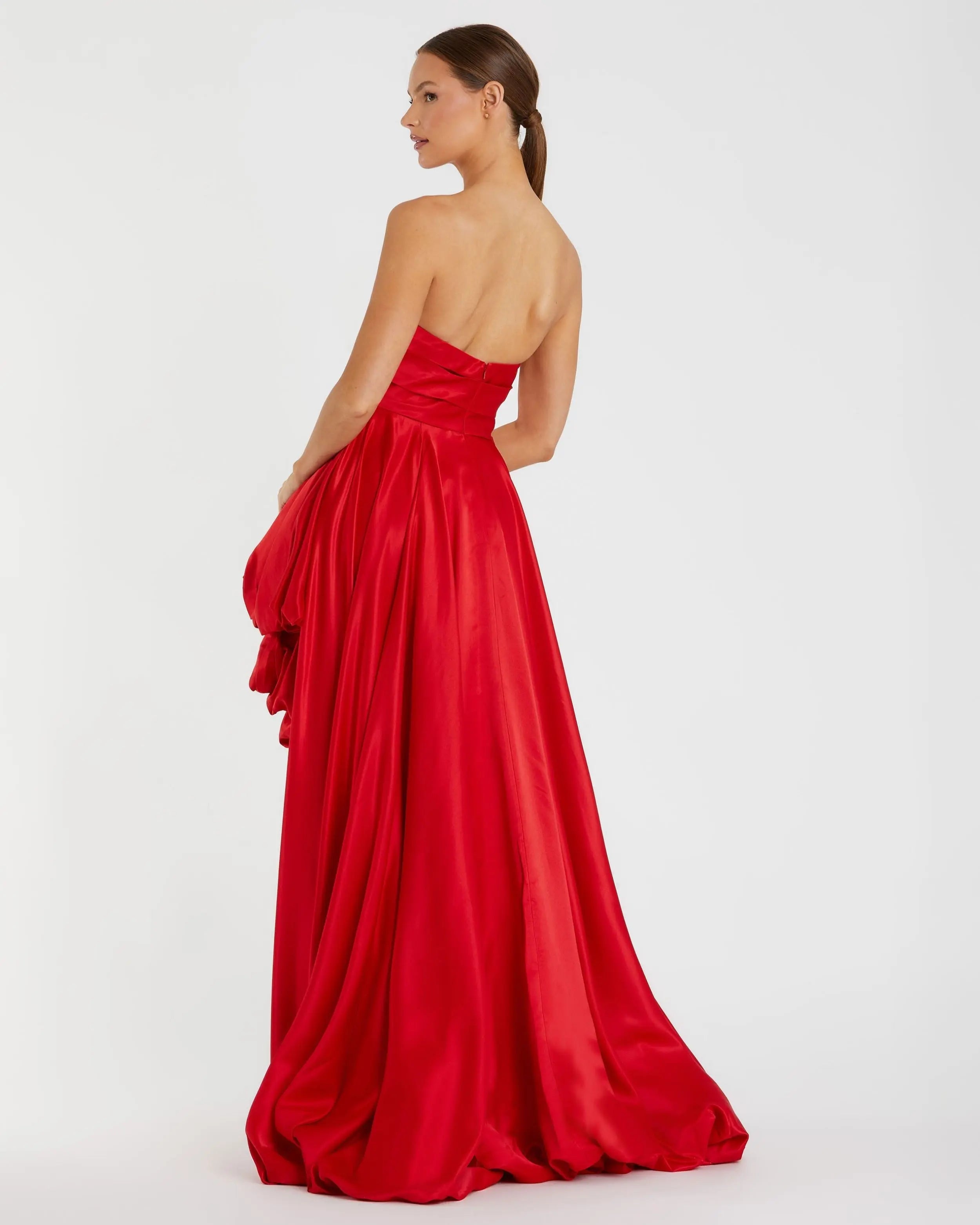 Red Strapless Ruched High Low Gown