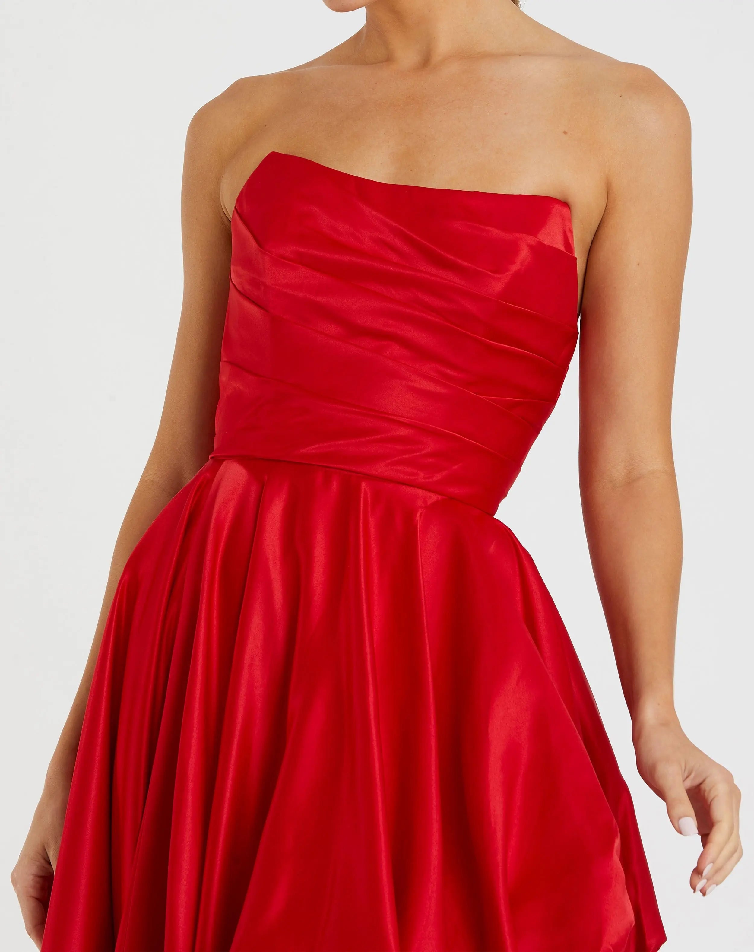 Red Strapless Ruched High Low Gown