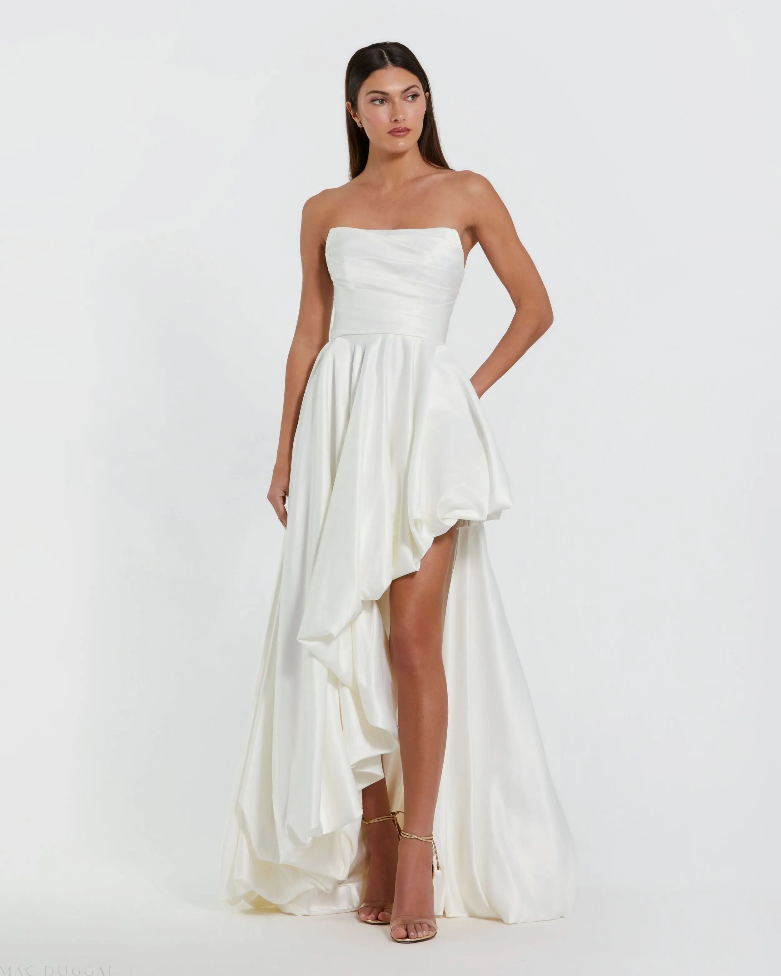 Strapless Ruched High Low Gown