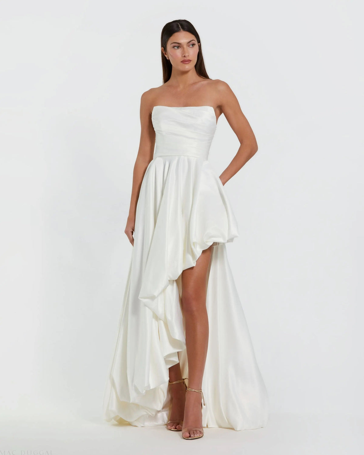 White Strapless Ruched High Low Gown