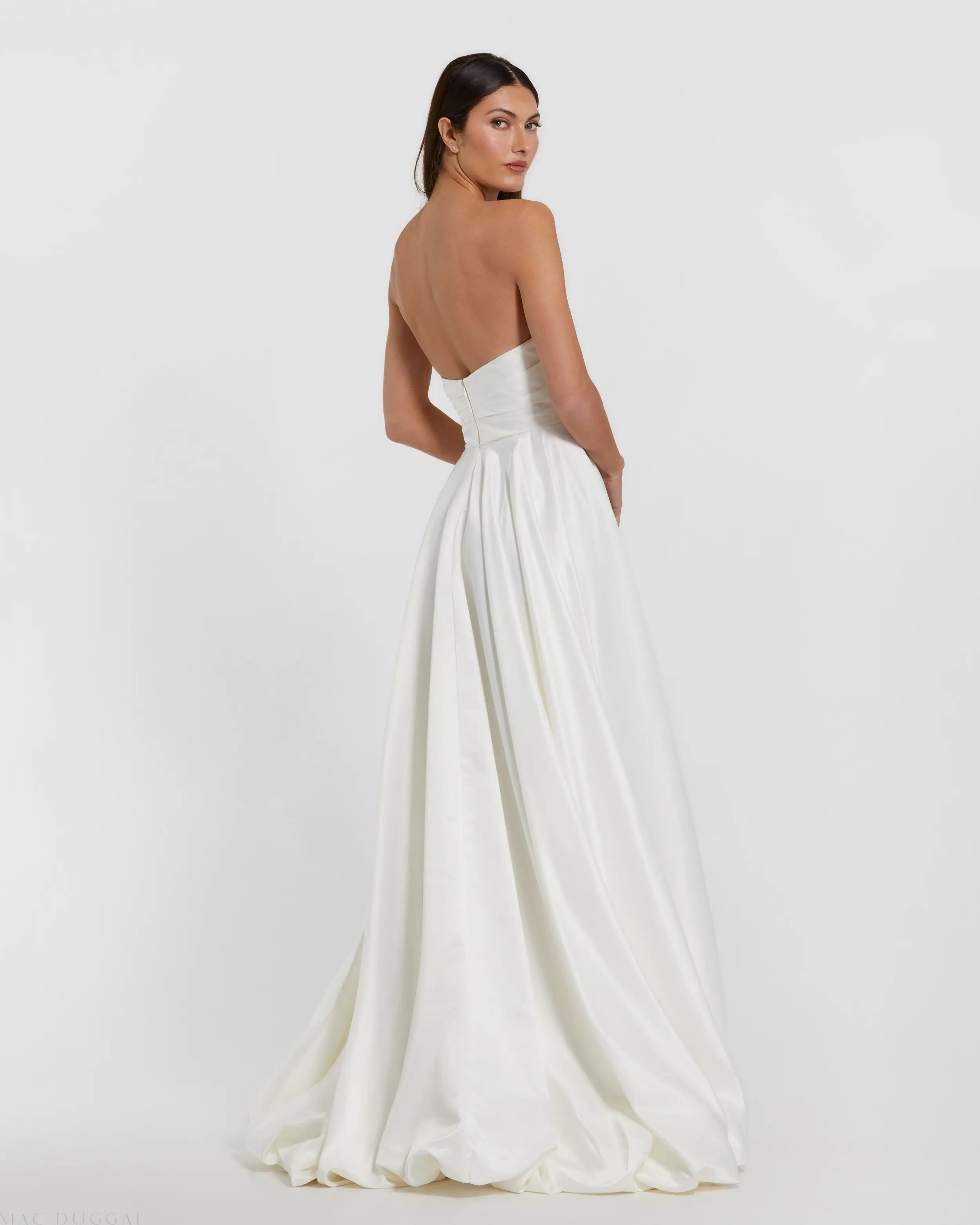 White Strapless Ruched High Low Gown