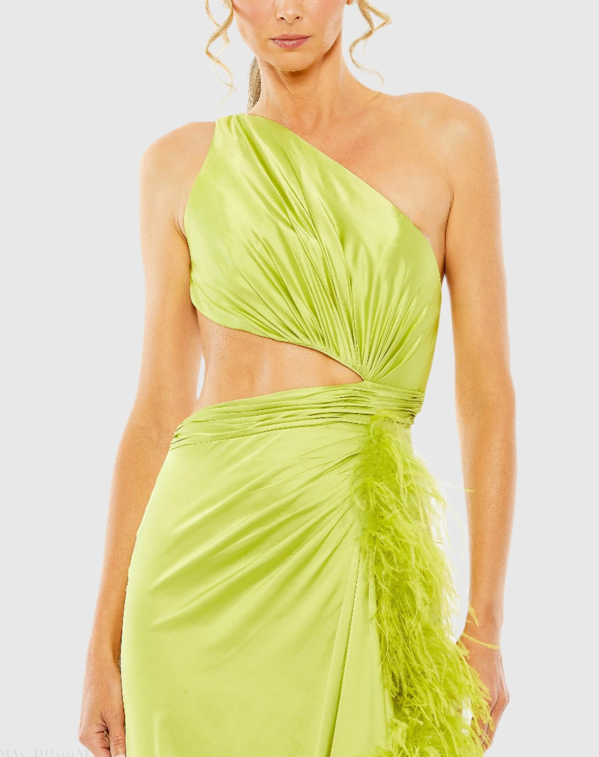 Green One Shoulder Key Hole Detail With Feather Lining