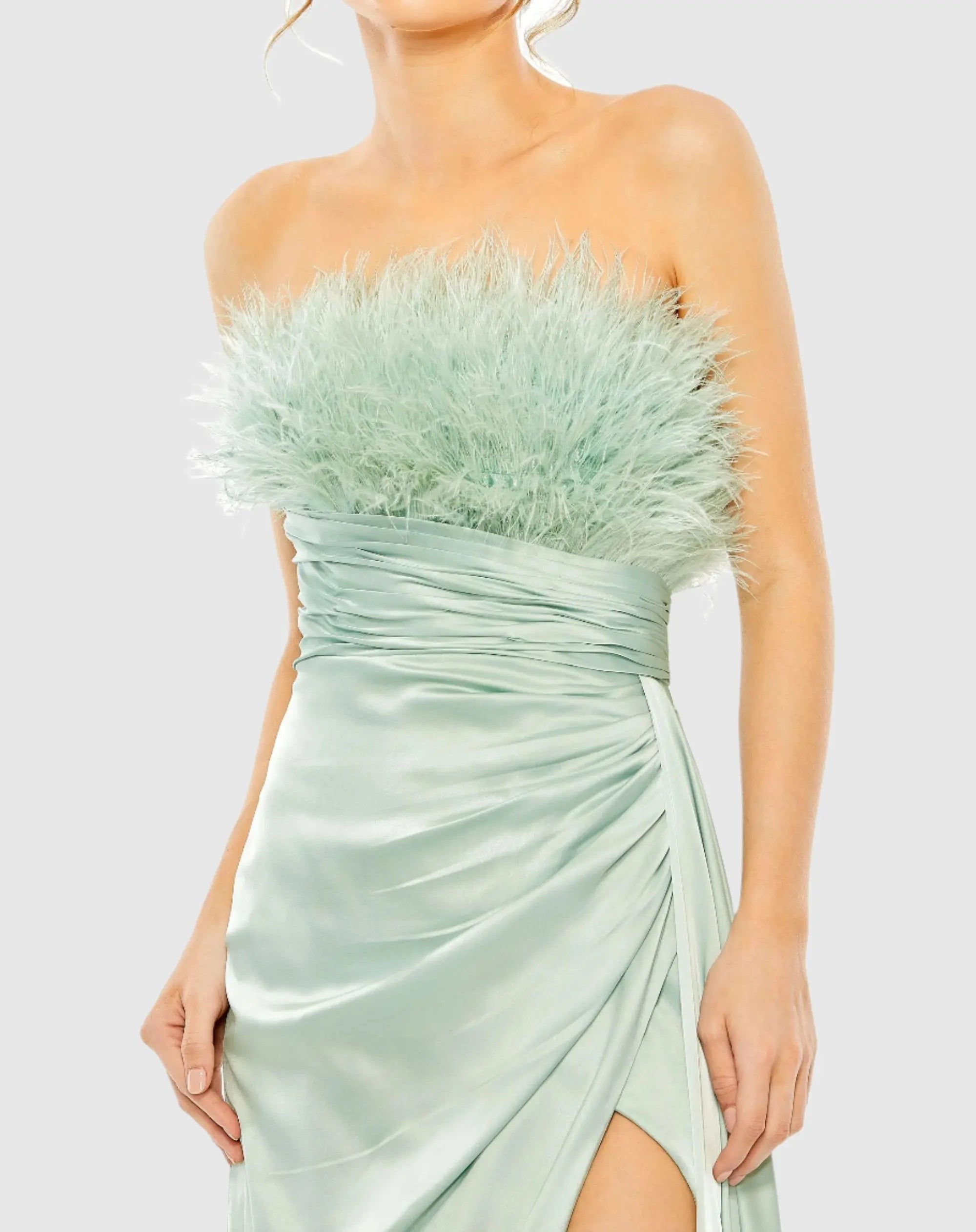 Green Strapless Feather Detail Satin Gown