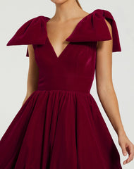 Red Shoulder Bow Velvet Bubble Mini Dress
