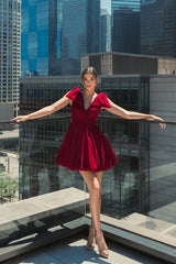 Red Shoulder Bow Velvet Bubble Mini Dress