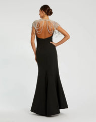 Black Draped Pearl Beaded Mermaid Gown