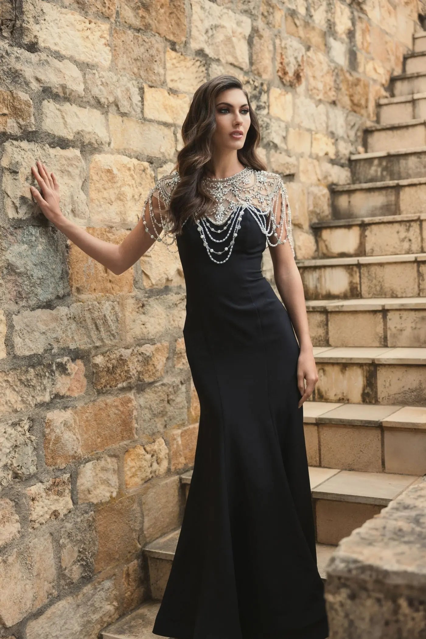 Black Draped Pearl Beaded Mermaid Gown