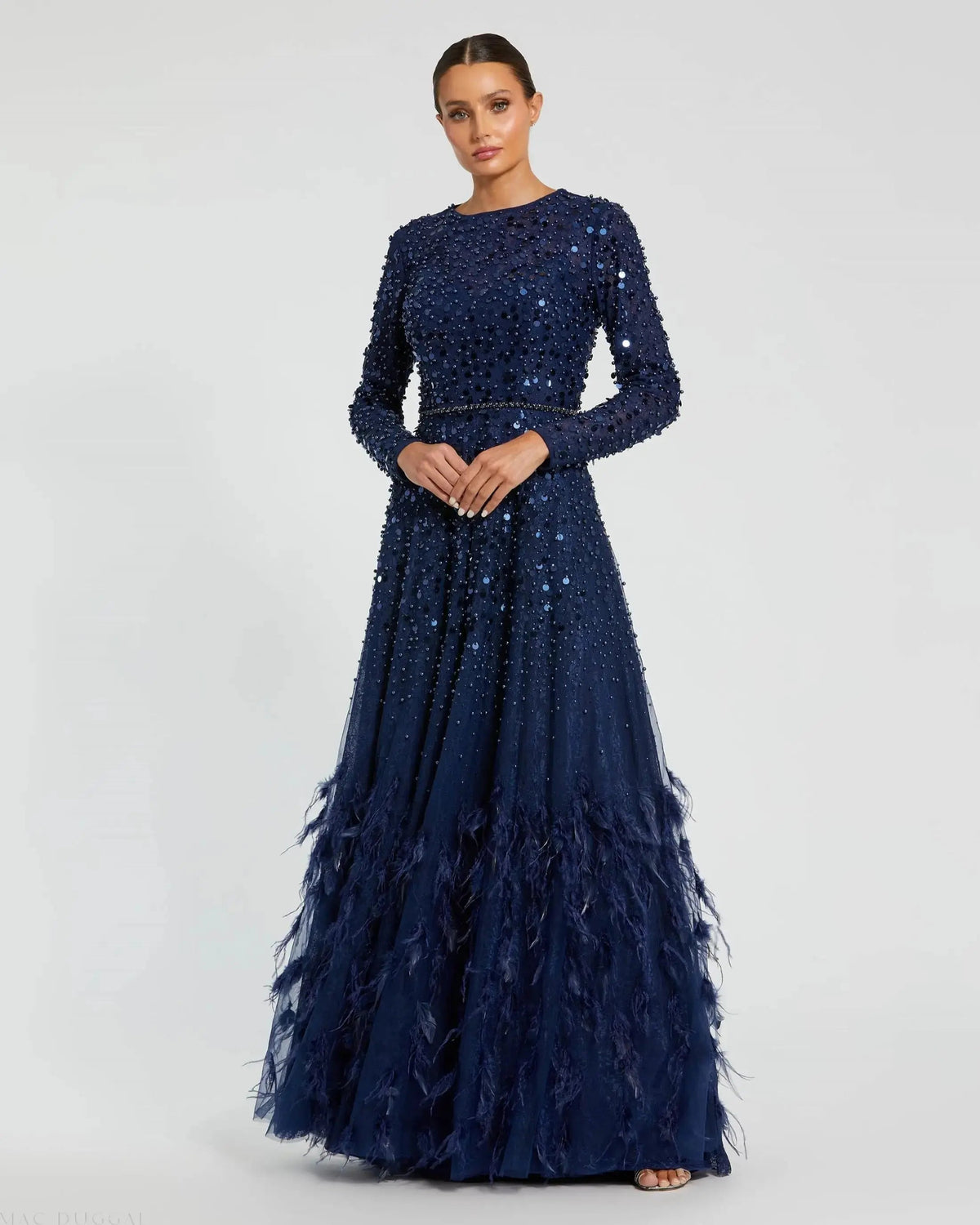 Navy Disc Embellished Sequin Gown with Feather Detail