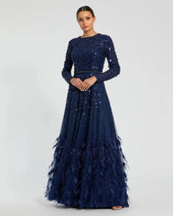Navy Disc Embellished Sequin Gown with Feather Detail