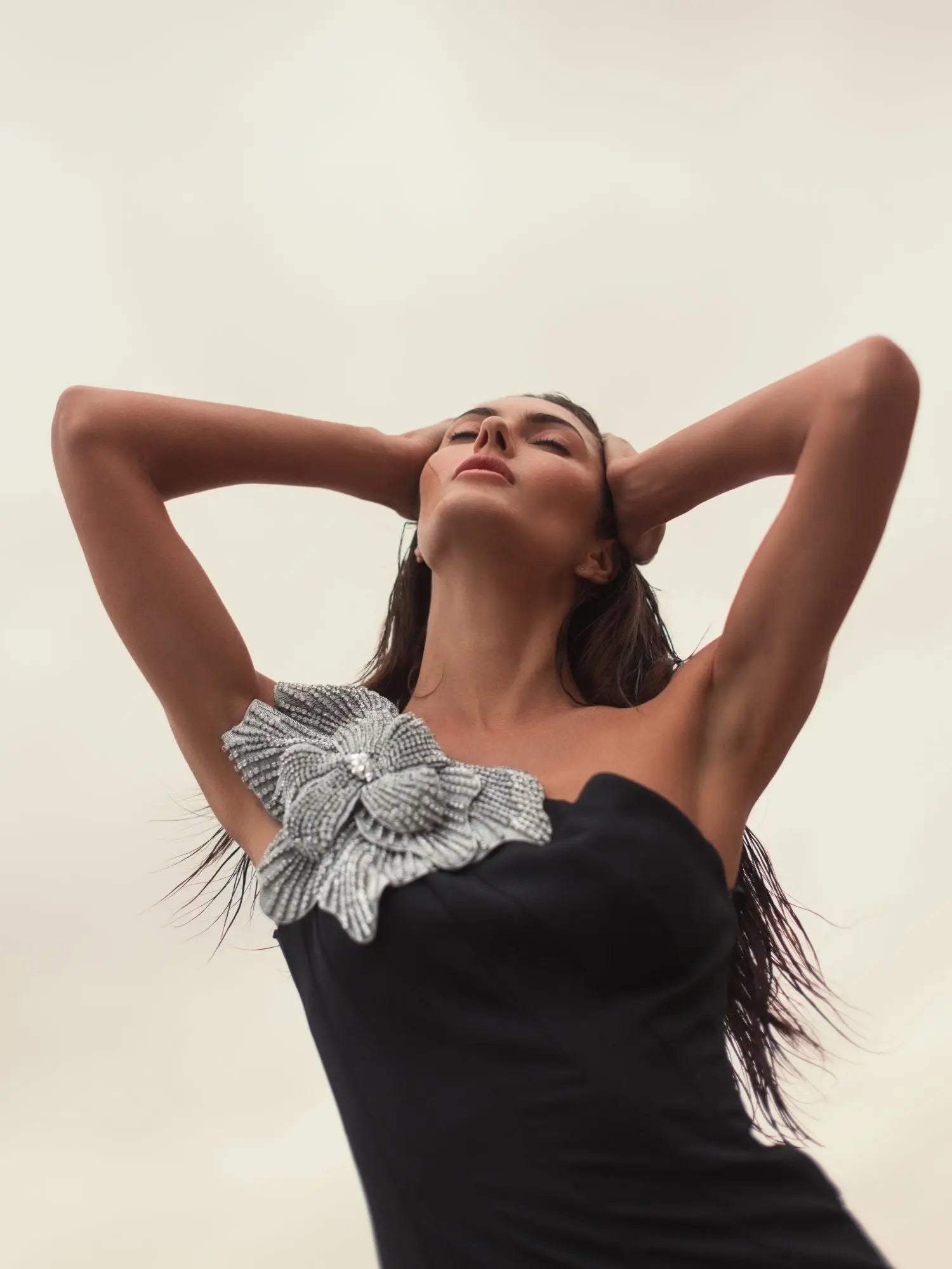 Black Crepe One Shoulder Gown With Crystal Flower