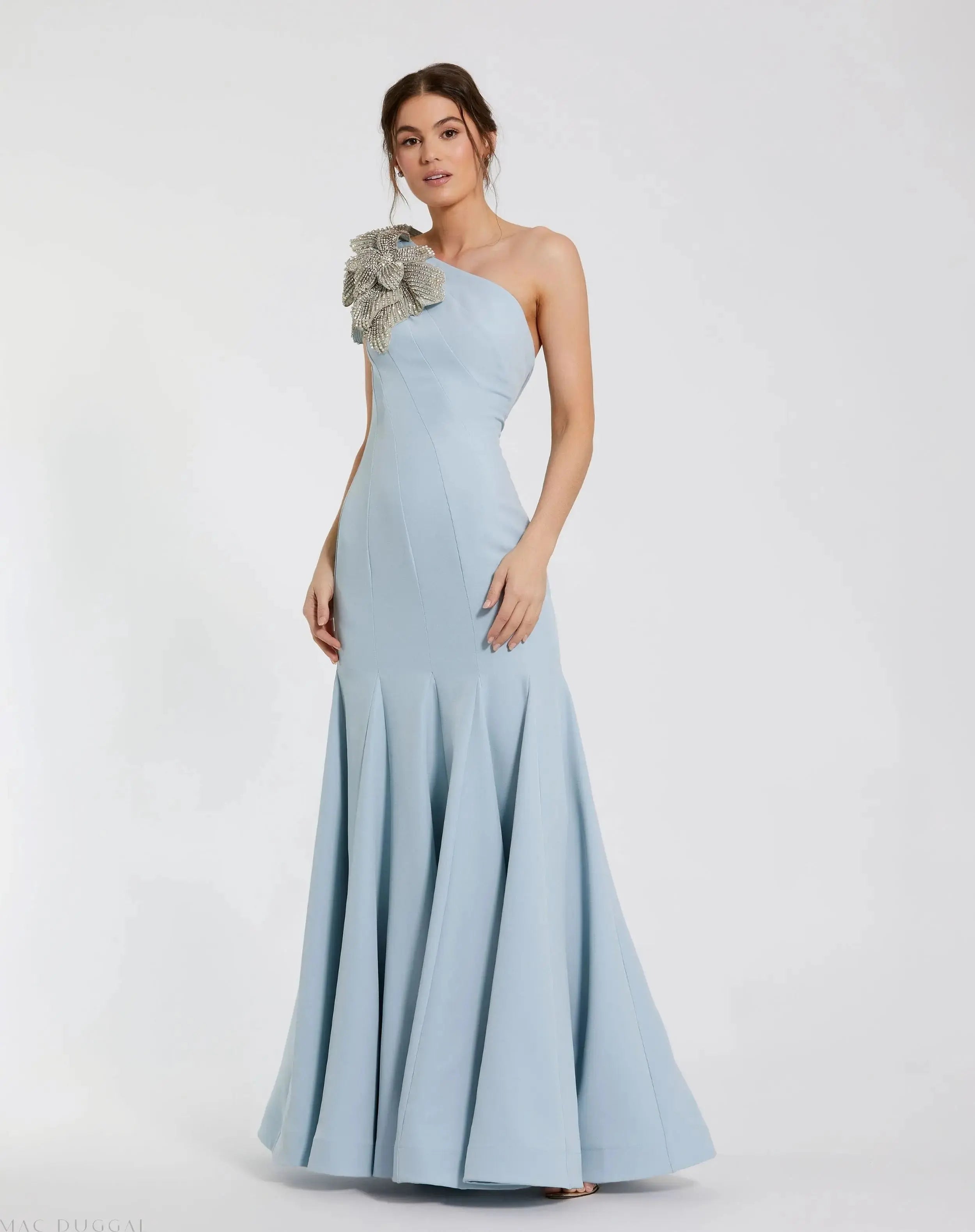 Crepe One Shoulder Gown With Crystal Flower