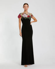 Black Floral Embellished Jersey Column Gown