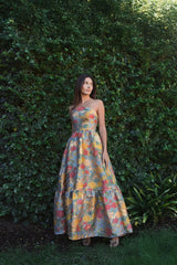 Multicolor Strapless Floral Brocade Dress with Ruffles
