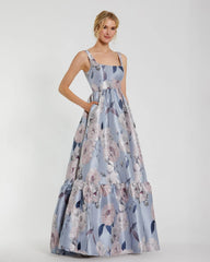 Blue Floral Printed Satin Gown with Pockets