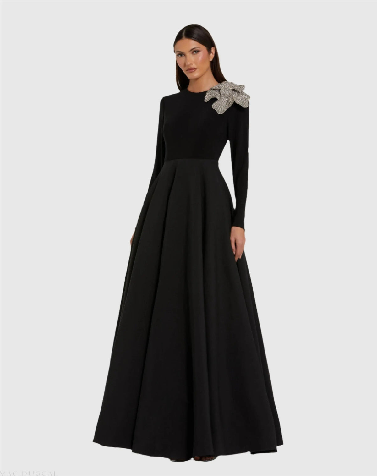 Black Long Sleeve Ball Gown Taffeta with 3D Rhinestone Flower