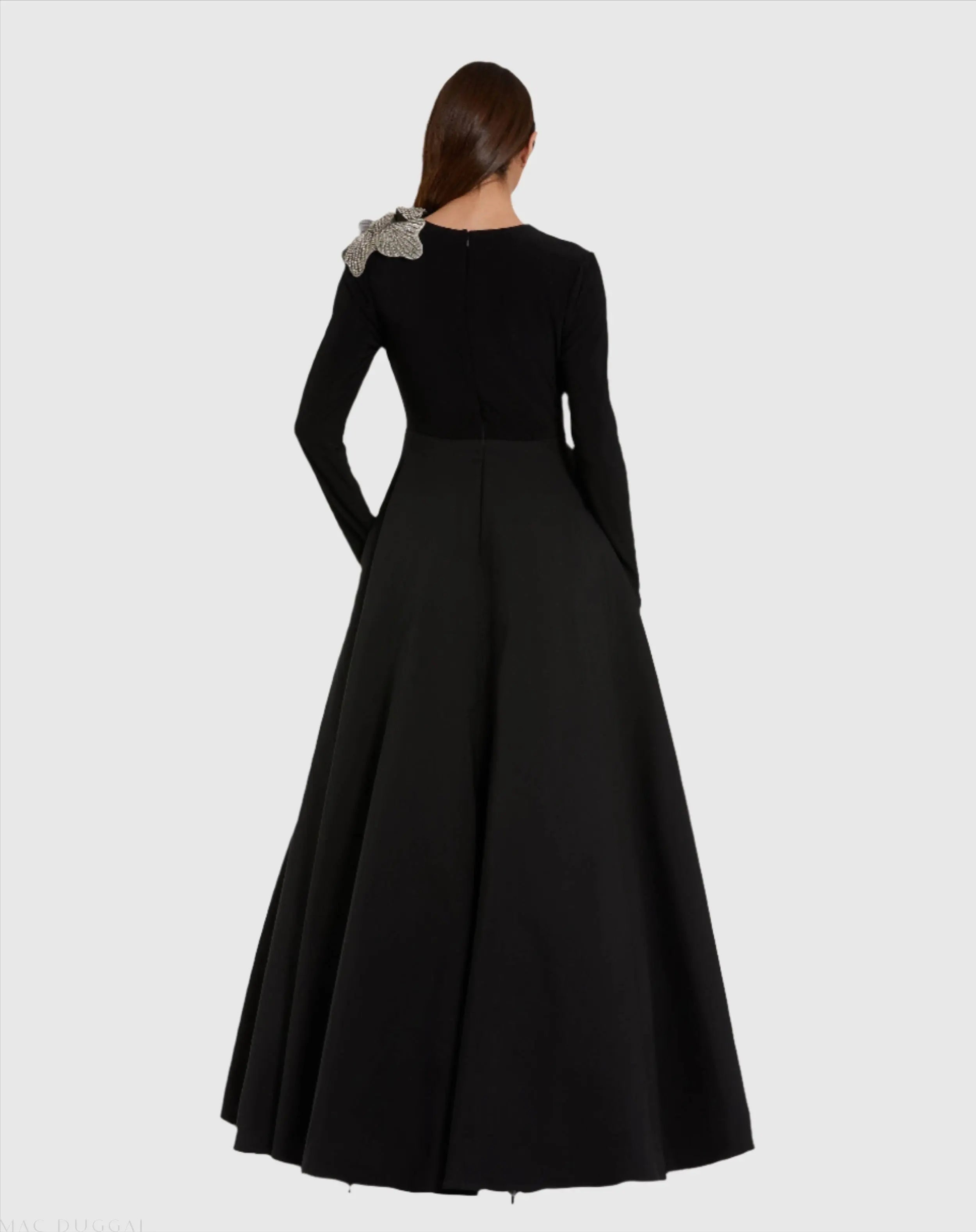 Black Long Sleeve Ball Gown Taffeta with 3D Rhinestone Flower