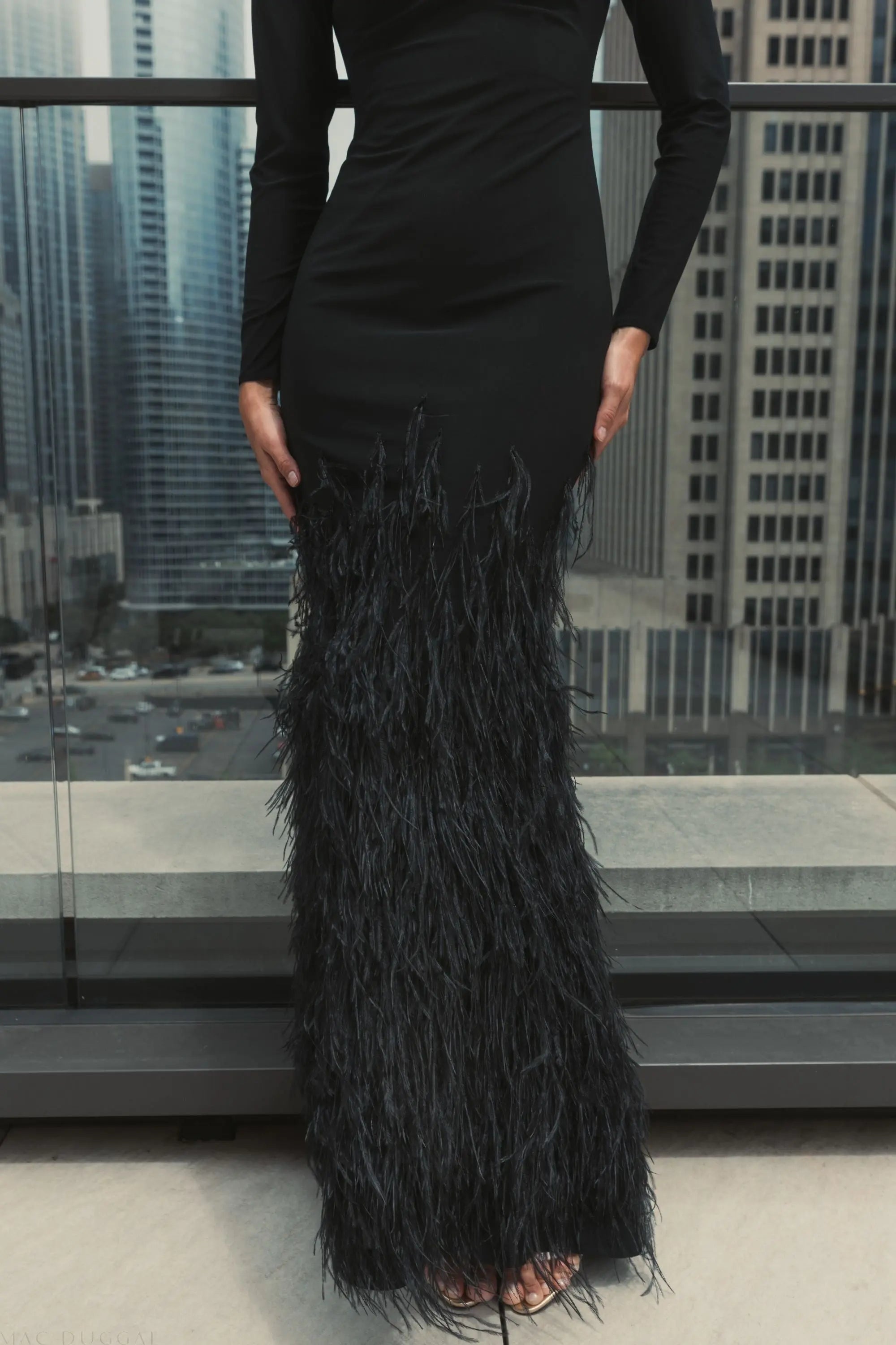 Black Jersey Long Sleeve High Neck Feather Gown