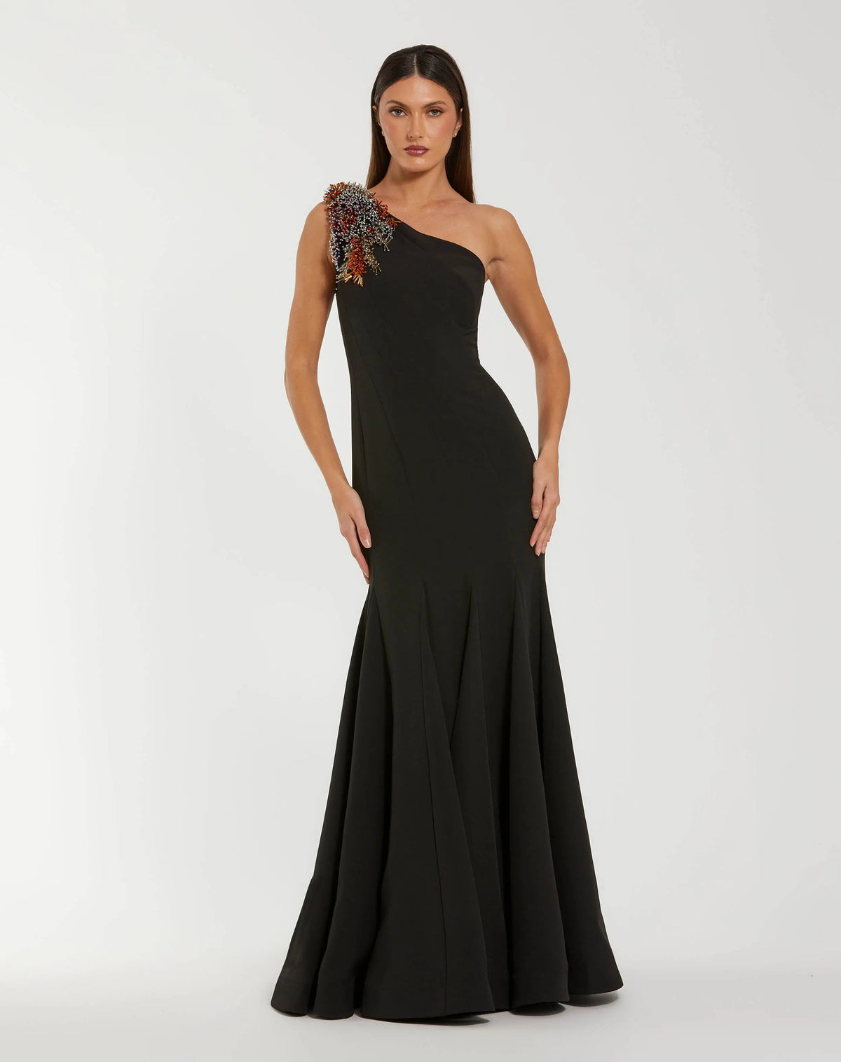 Black Crepe One Shoulder Mermaid Gown With Beading