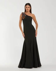 Black Crepe One Shoulder Mermaid Gown With Beading