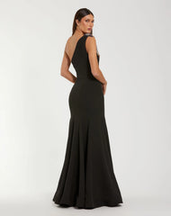 Black Crepe One Shoulder Mermaid Gown With Beading