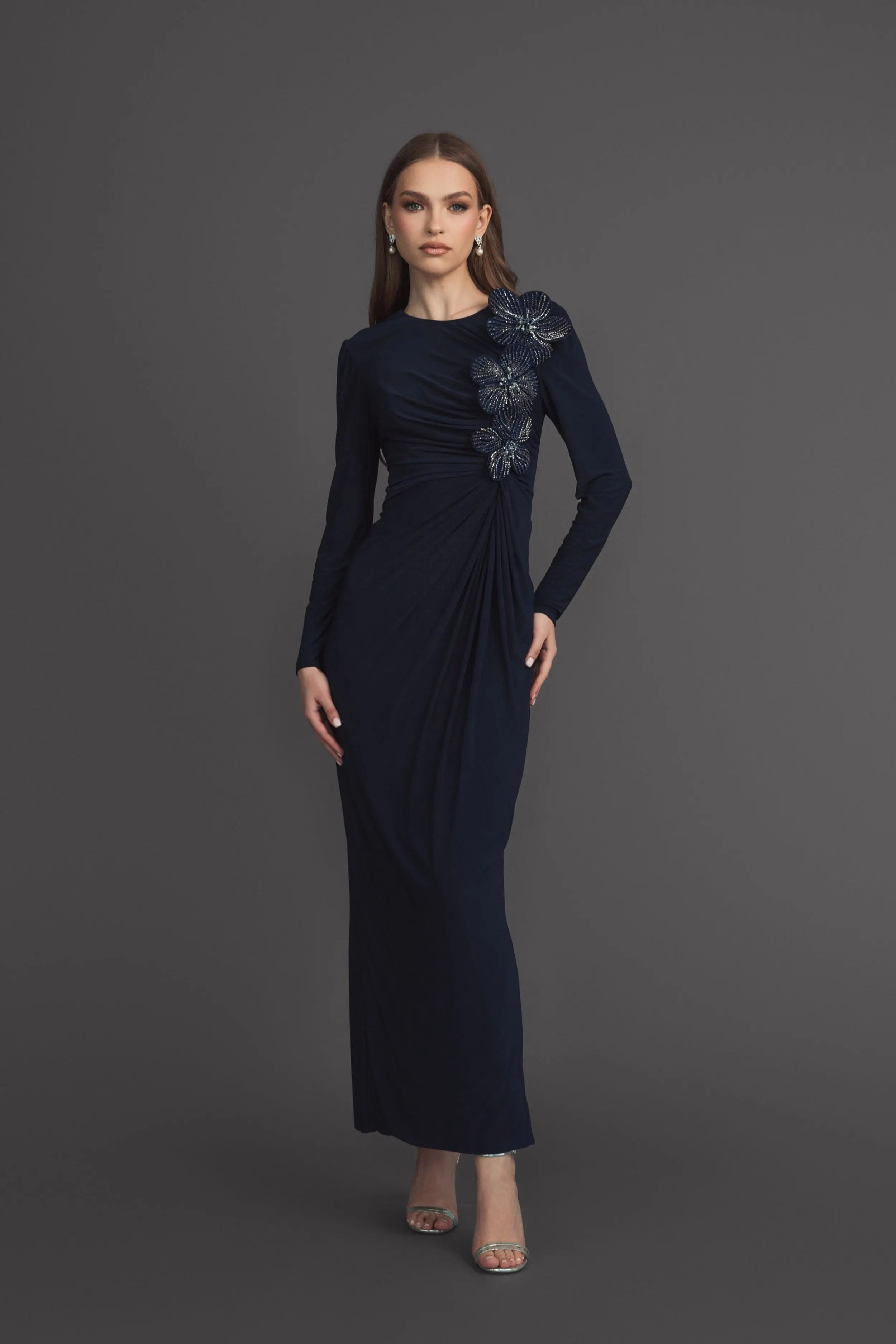 Navy Jersey Long Sleeve Fitted Gown With 3D Flowers