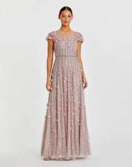 Pink Embellished Lace Illusion Neck A-Line Gown