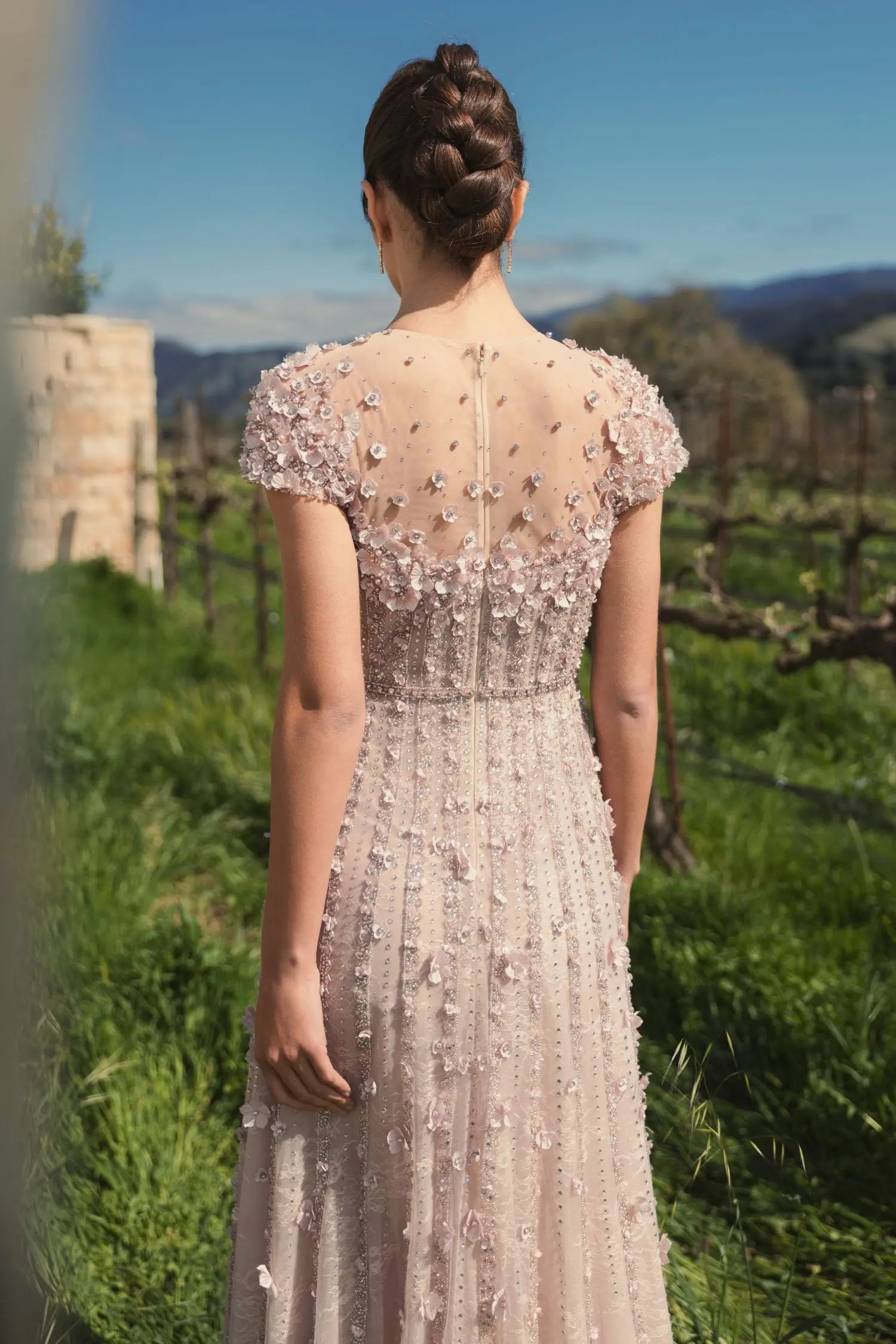 Pink Embellished Lace Illusion Neck A-Line Gown