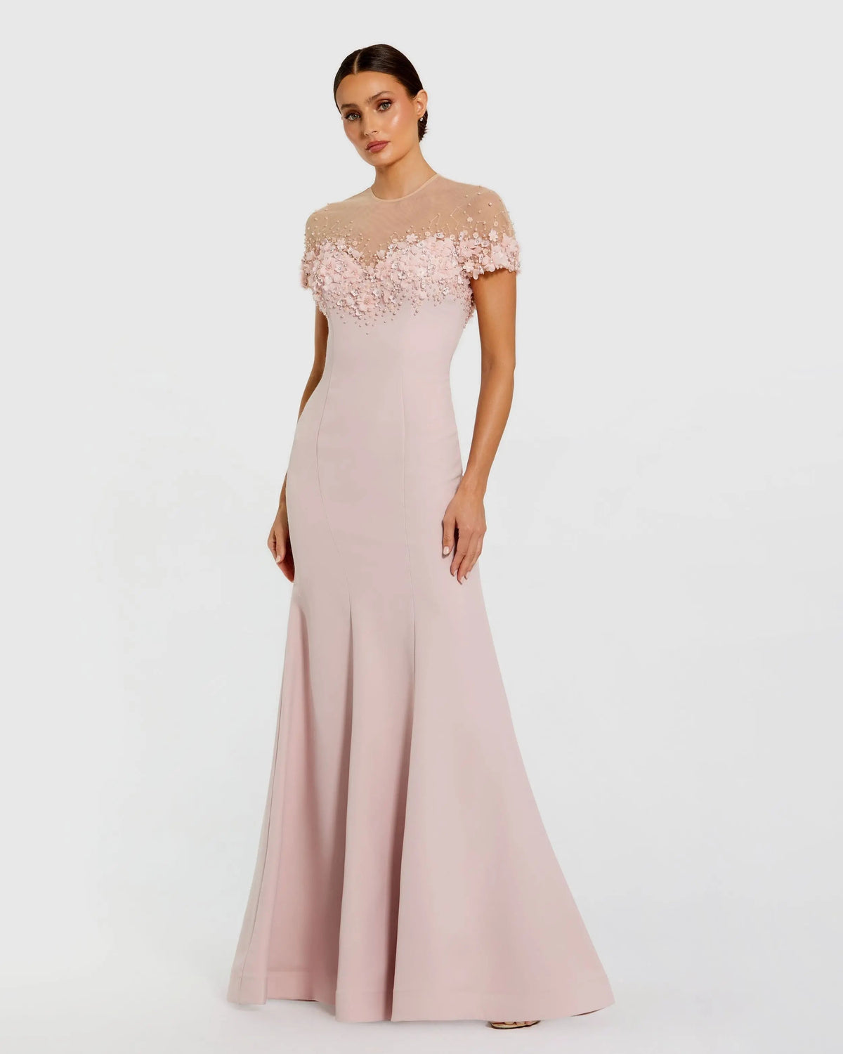 Pink Mermaid Crepe Gown With Beaded Illusion Neck