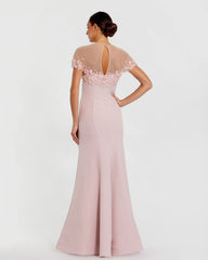 Pink Mermaid Crepe Gown With Beaded Illusion Neck