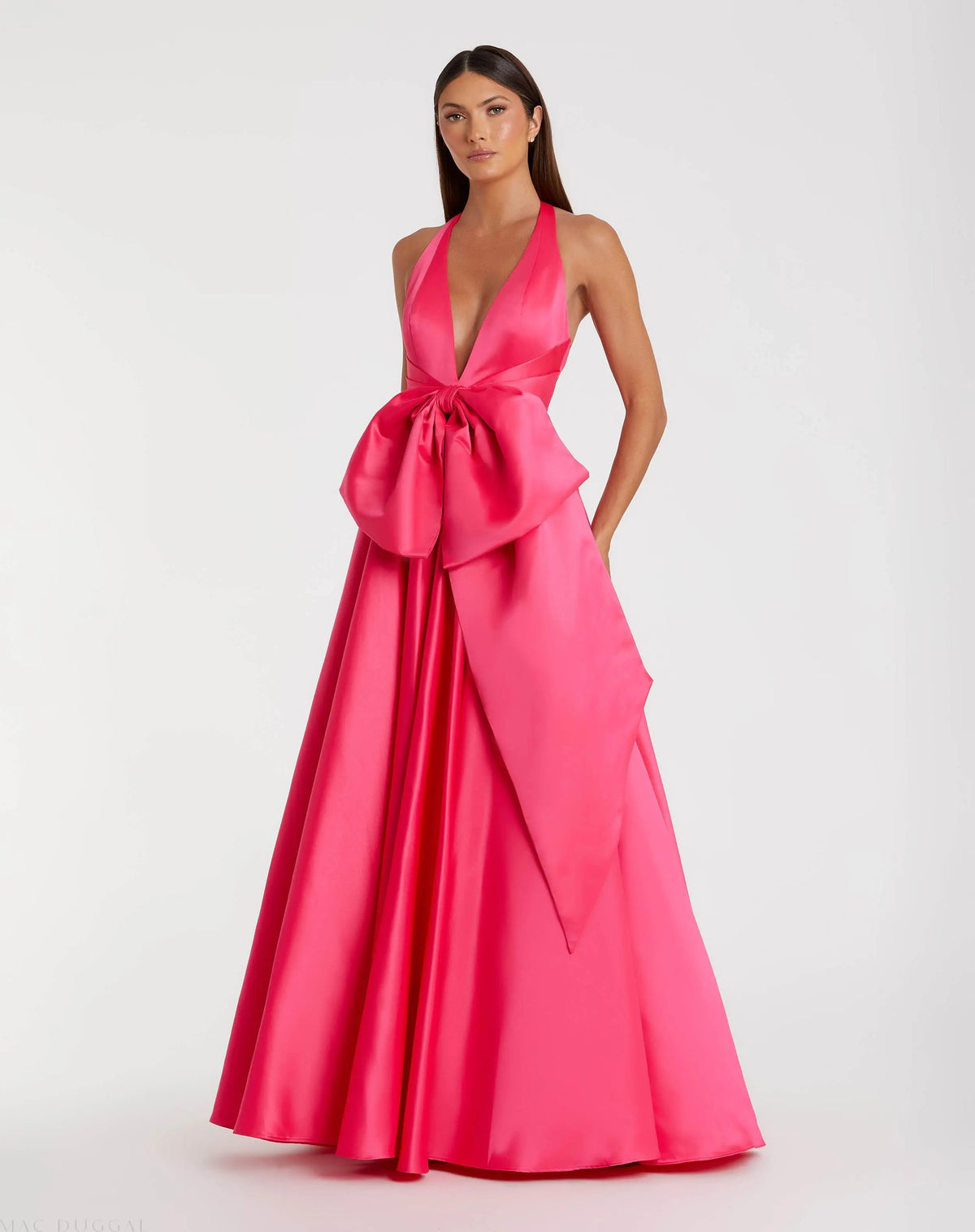 Pink Deep V Satin Ballgown with Oversized Bow