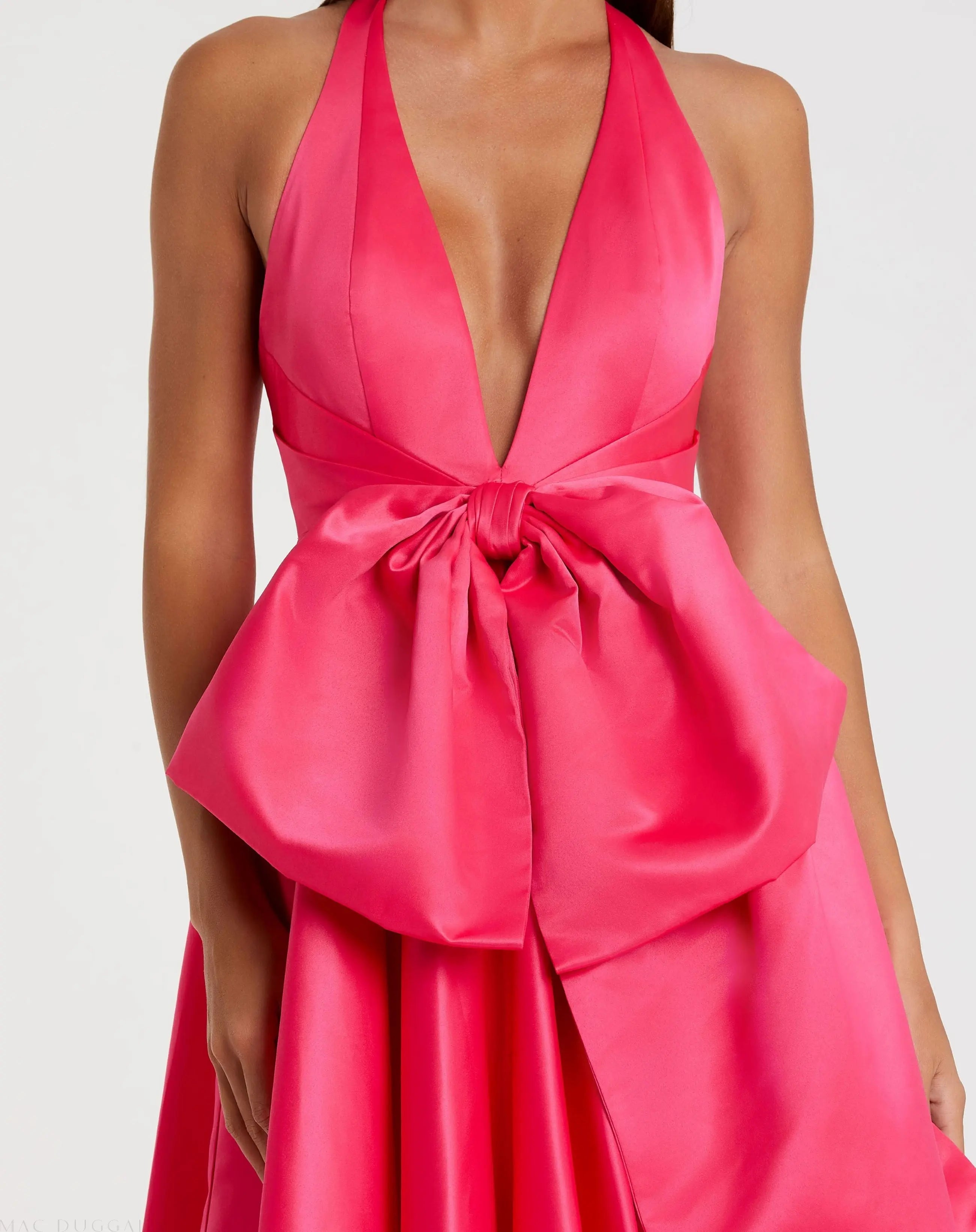 Pink Deep V Satin Ballgown with Oversized Bow