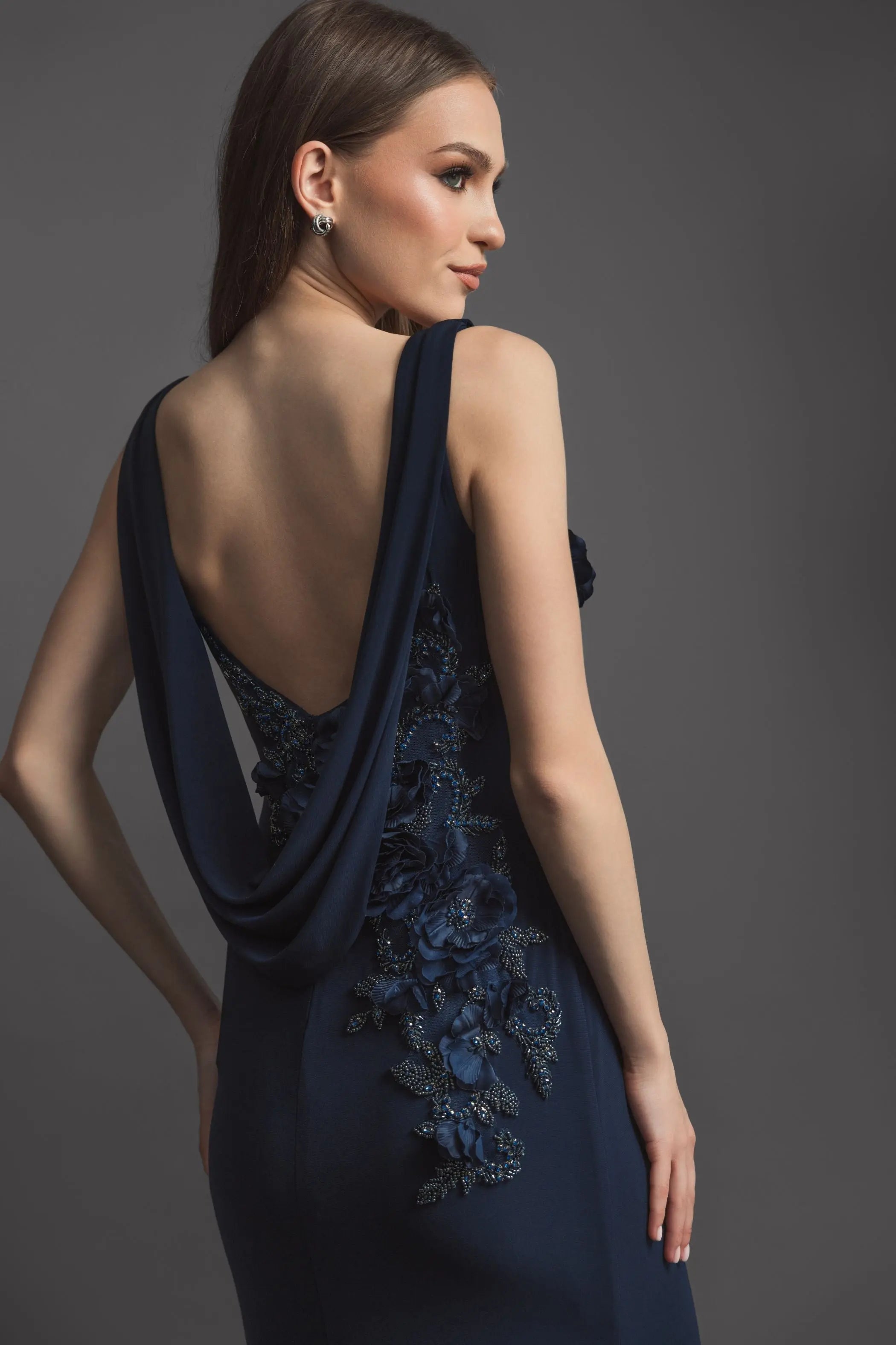 Navy Sleeveless Jersey Cowl Neck Gown With Beading