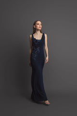 Navy Sleeveless Jersey Cowl Neck Gown With Beading