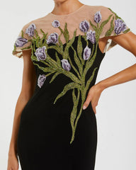 Black High Neck Floral Embroidered Jersey Gown