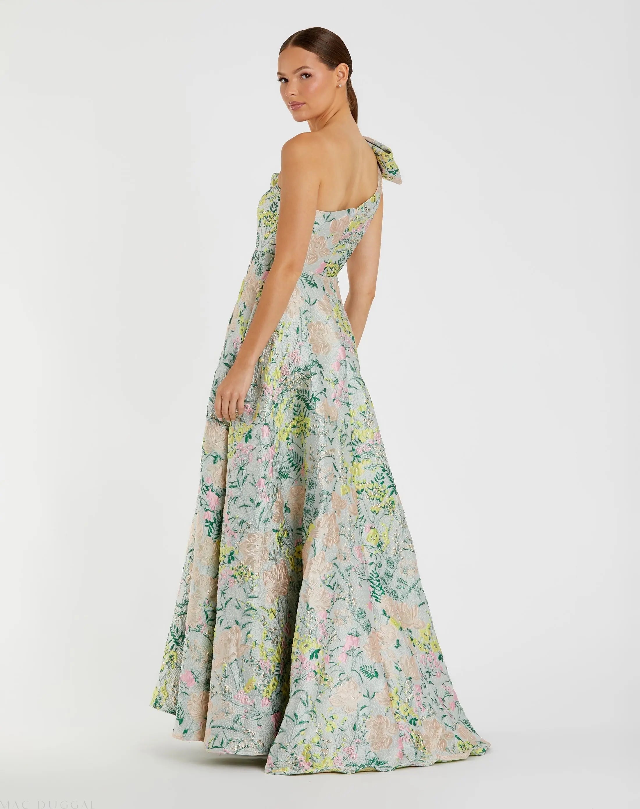 Multicolor One Shoulder Brocade Floral Dress With Bow