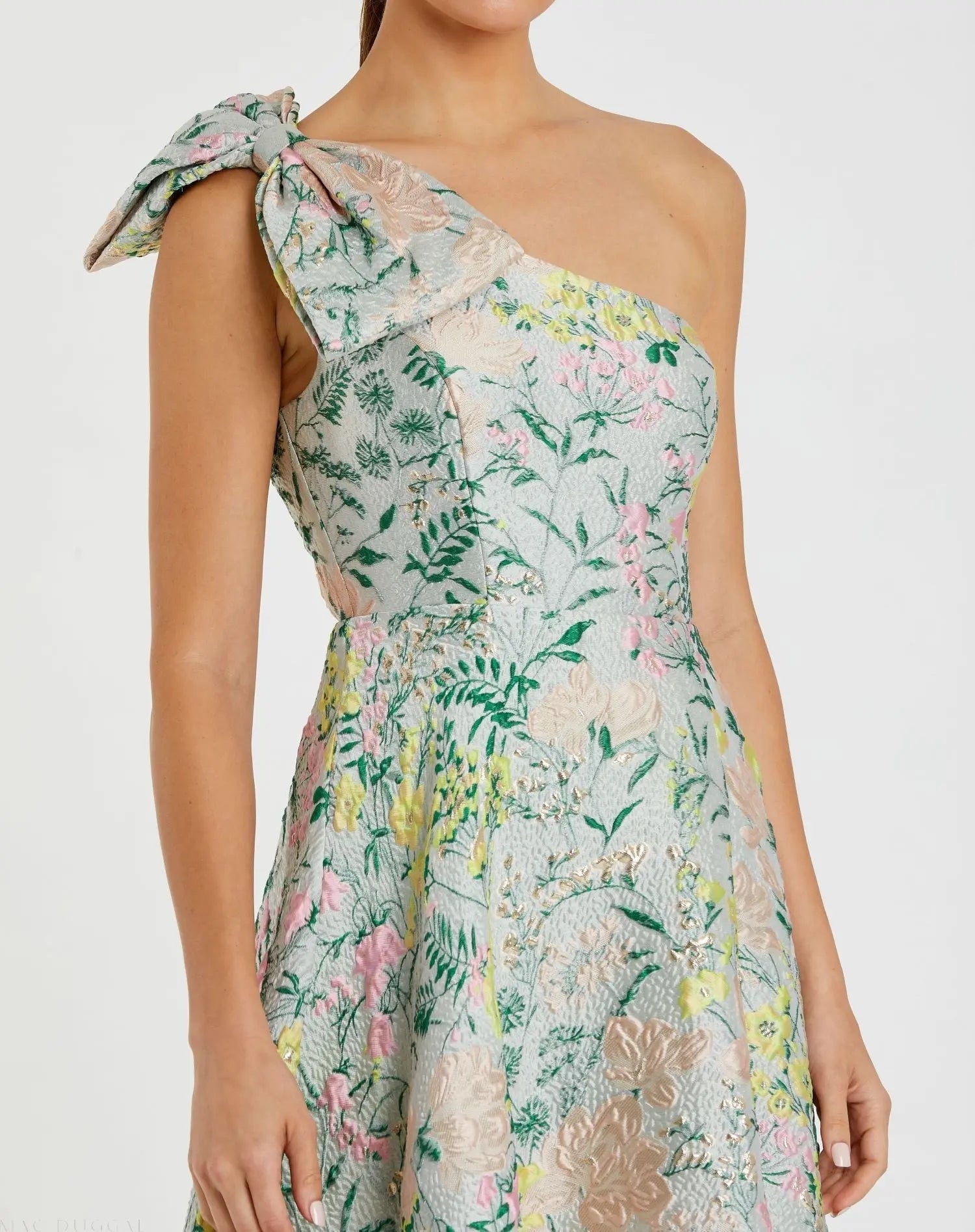 Multicolor One Shoulder Brocade Floral Dress With Bow