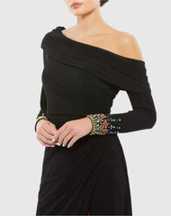 Black Multicolor Beaded Cuff Drop Shoulder Faux Wrap Gown