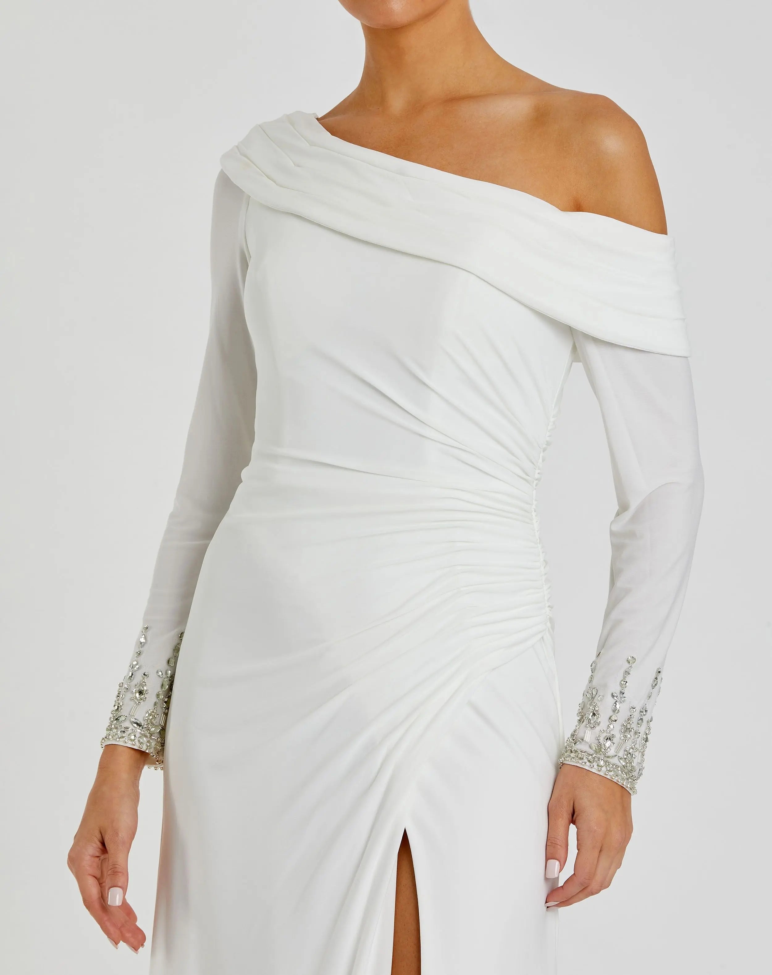 White Beaded Cuff Drop Shoulder Faux Wrap Gown