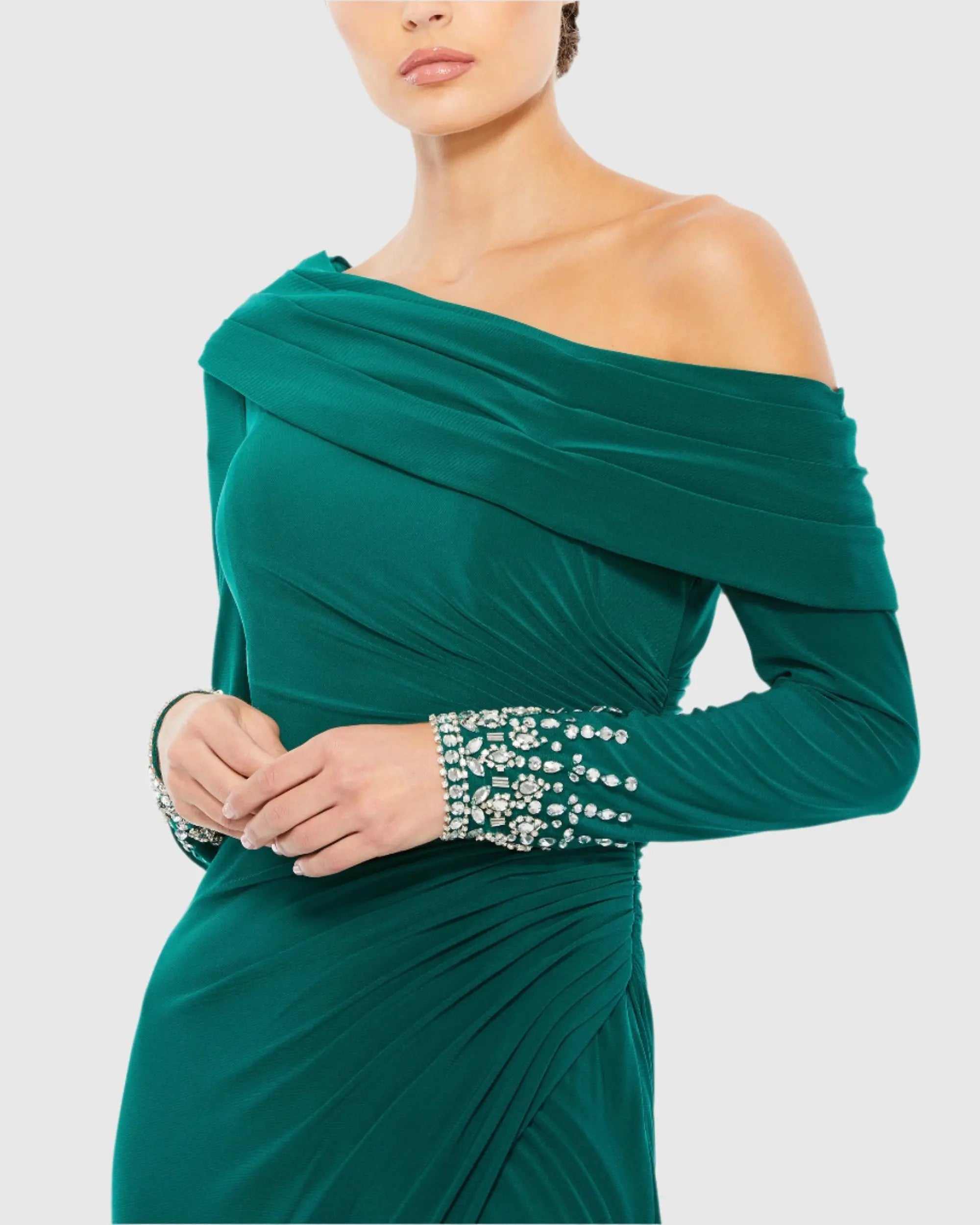 Green Beaded Cuff Drop Shoulder Faux Wrap Gown