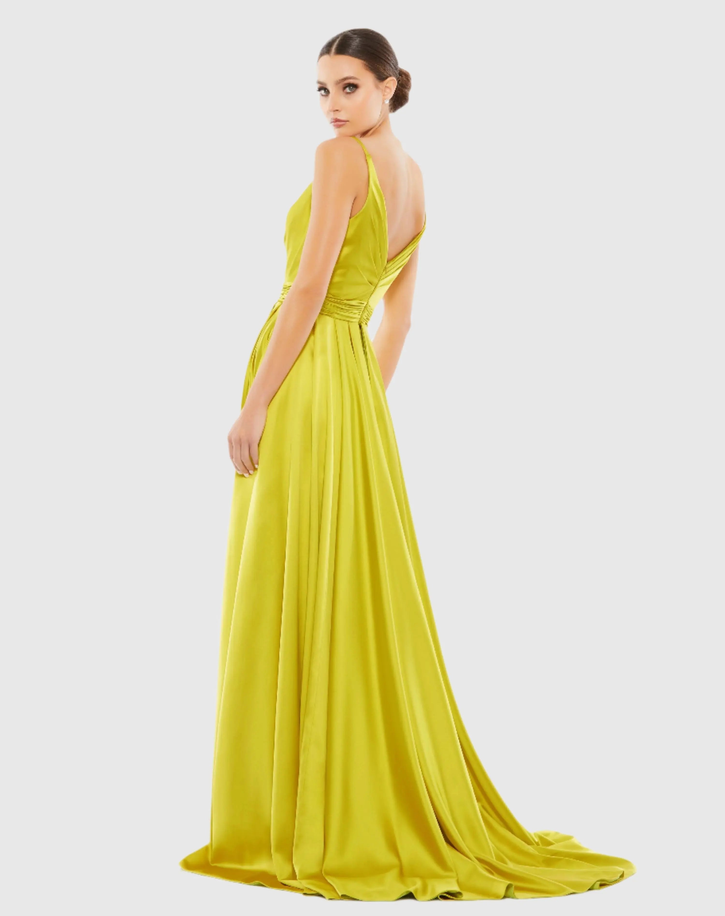 Green Sleeveless Faux Wrap Draped Gown