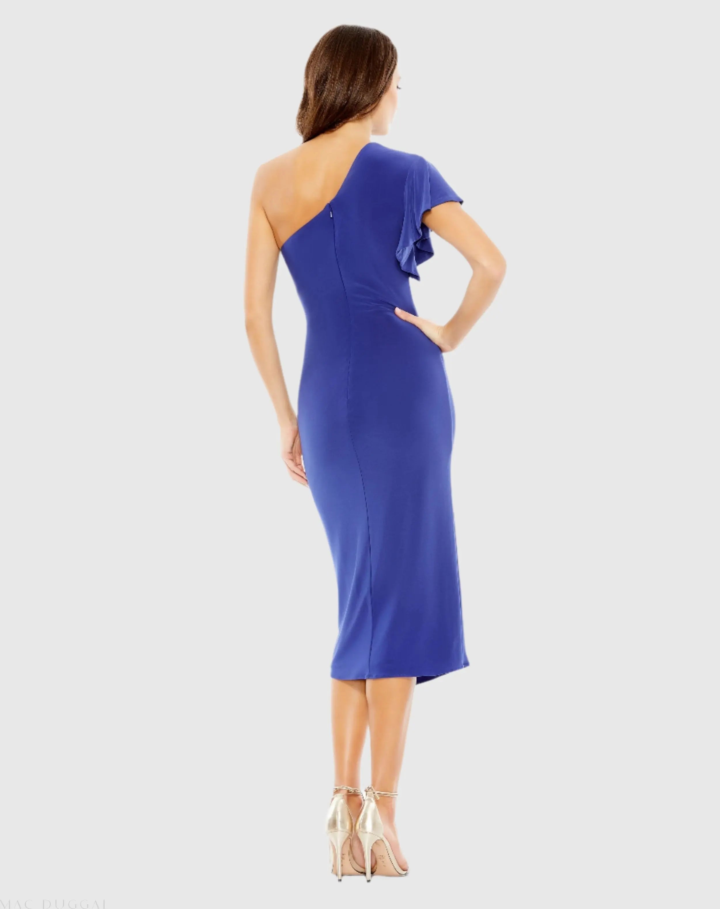 Blue One Shoulder Midi Length Jersey Dress