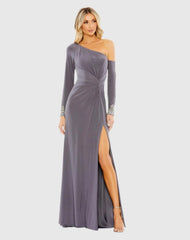 Gray Side Twist Drop Shoulder Beaded Cuff Gown
