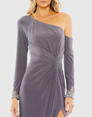 Gray Side Twist Drop Shoulder Beaded Cuff Gown