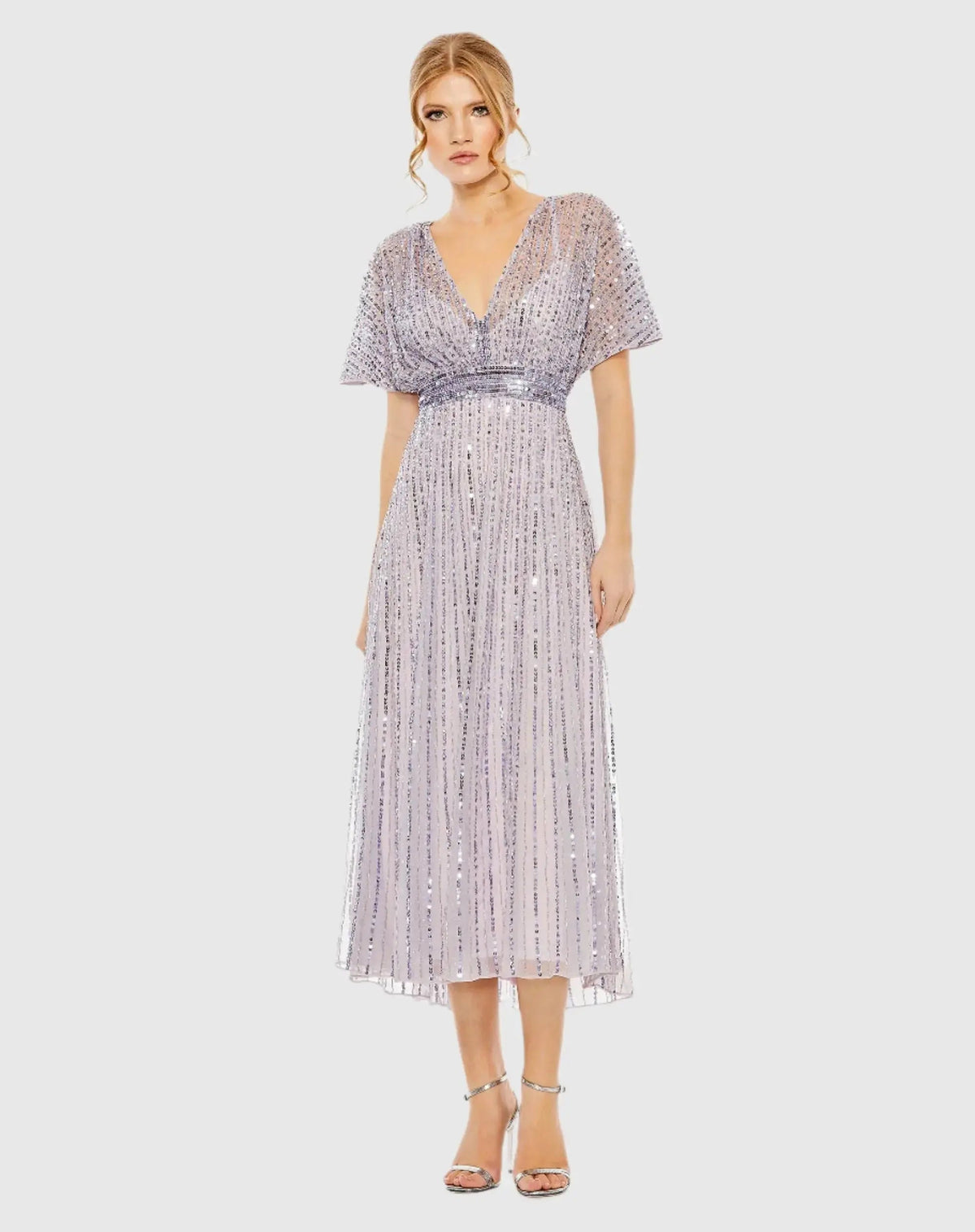 Purple Embellished Short Sleeve Empire Waist Dress