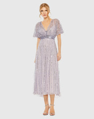 Purple Embellished Short Sleeve Empire Waist Dress