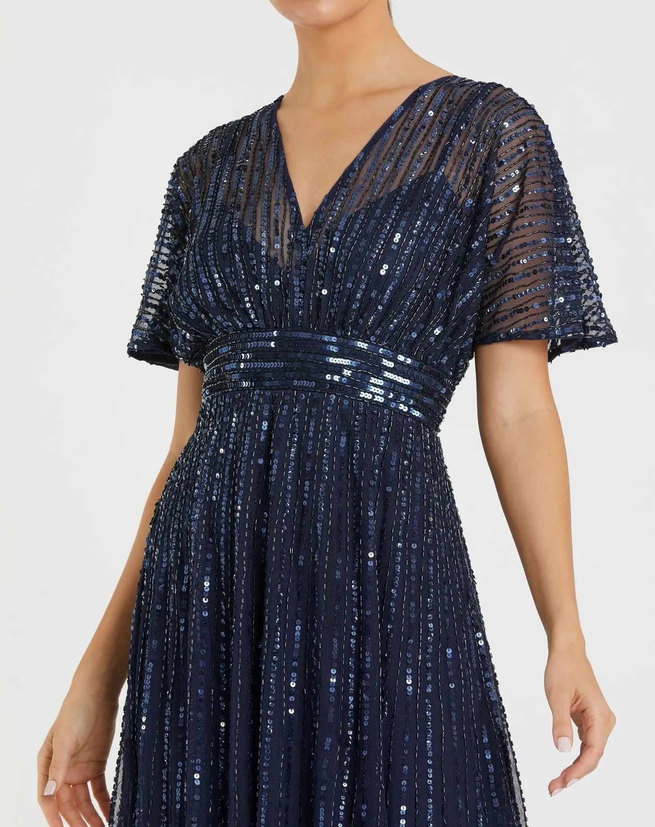 Navy Embellished Short Sleeve Empire Waist Dress