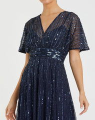 Navy Embellished Short Sleeve Empire Waist Dress